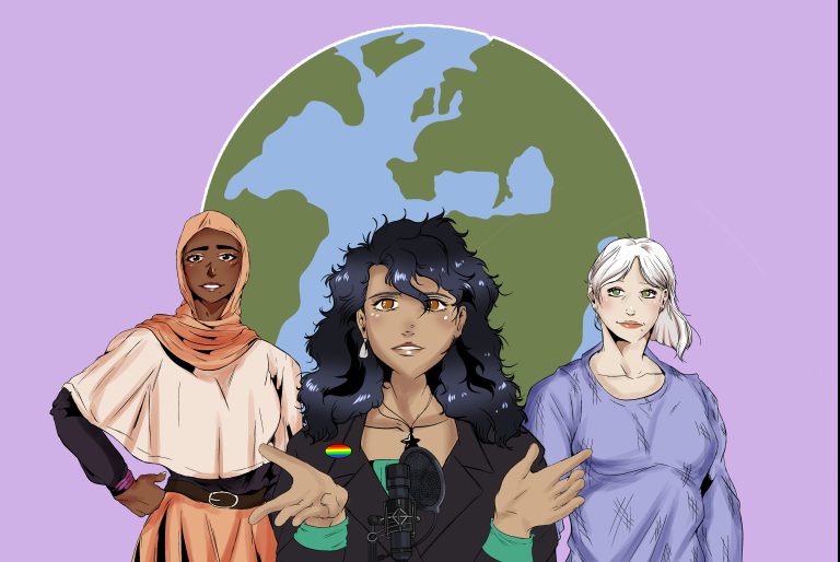 Illustration für den Artikel Feministische Außenpolitik. Im Vordergrund ist eine Gruppe an FLINTA* zu sehen, im Hintergrund die Weltkugel.