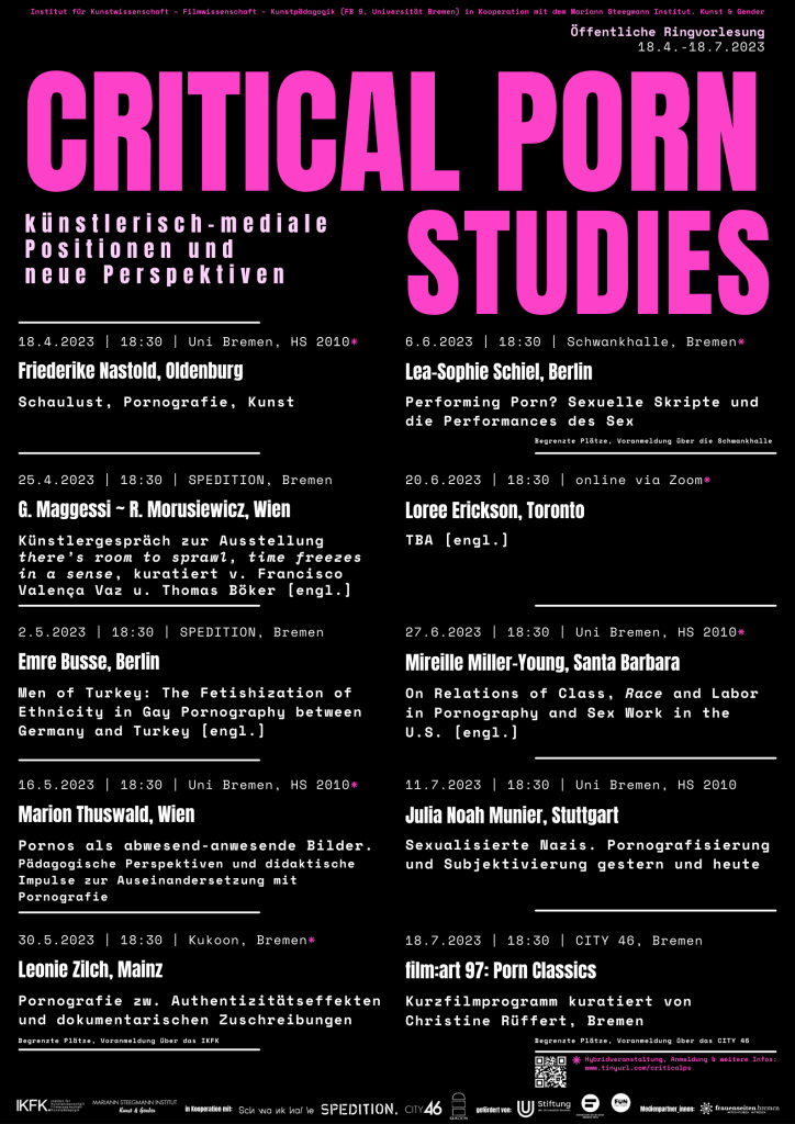 Programmplakat der Critical Porn Studies mit den Terminen vom 18. April bis zum 18. Juli.2023 der Universität Bremen.