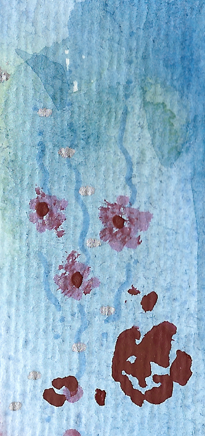 Aquarell mit kleinen roten Blumen auf blauem Hintergrund