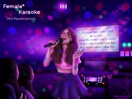 Auf dem Bild ist eine weiblich gelesene Person zu sehen, die voller Freude in ein Mikrofon singt. Im Hintergrund sieht man den Bildschirm der Karaoke Maschine mit dem Refrain Text des Liedes „Girls just want to have fun“.
