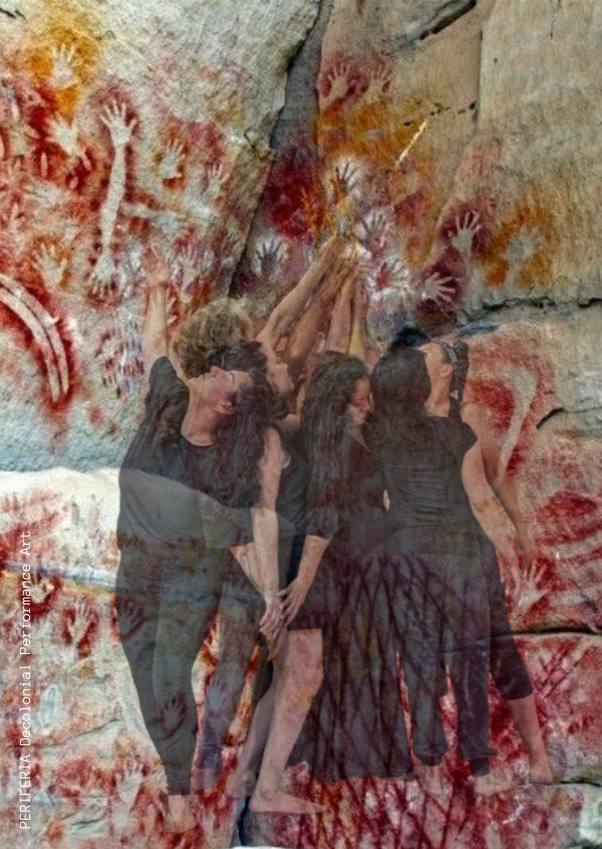 Grafik einer Tanzende FLINTA* Gruppe vor Höhlenmalereien