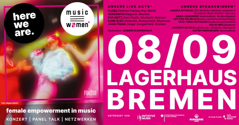 Buntes Werbebild zur Veranstaltung von musicHBwomen am 08.09.2023 im Lagerhaus Bremen