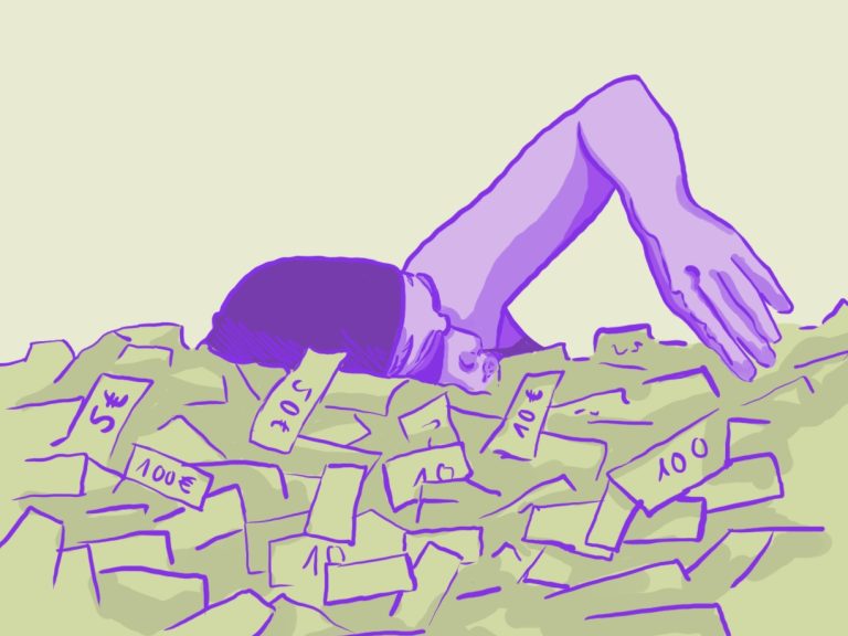 Illustration einer Frau, die durch ein Becken von Geldscheinen schwimmt