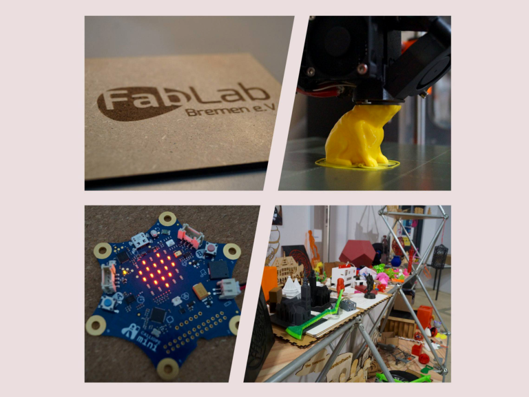 Zusammenschnitt von vier Bildern in eine Collage. Zusehen: Logo des FabLabs, 3D drucker, der im Prozess ist einen Hund zudrucken, Festplatte und ein Regal auf welchem verschiedenste Projekte abgelegt worden sind.