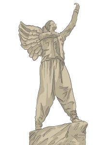 Illustration einer Statue. Die Statue ist in hellen braun tönen gehalten, hat eine aufrechte Haltung und streckt sich gen Himmel. Sie trägt Flügel.
