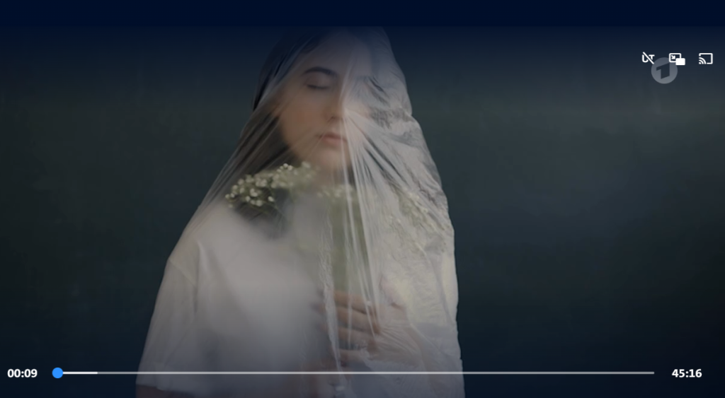 Bildschirmfoto von einer Frau, die eine durchsichtige Plastiktüte übergestülpt hat und einen Blumenstrauß in der Hand hält