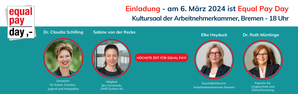 Einladung zum Equal Pay day am 6. März 2024 in Bremen mit drei Bildern der Referentinnen Elke Heyduk, Dr. Claudia Schilling und Sabine Renke