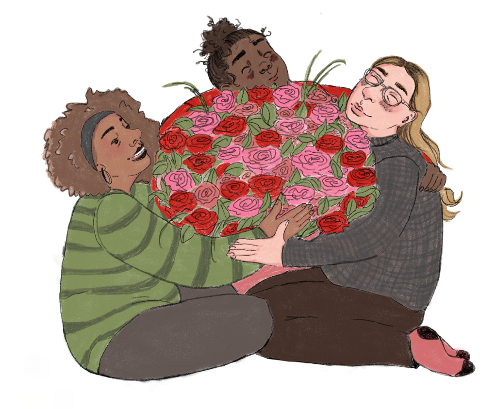 Eine Illustration von drei Freundinnen, die auf dem Boden knien und in ihrer gemeinsamen Mitte einen Rosenstrauß umarmen.