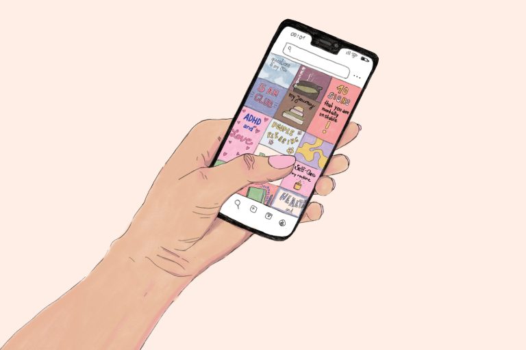 Es ist eine Hand zu sehen, die ein Handy hält und durch Instagram scrollt. Die Vorschläge auf der Suchseite bestehen nur aus Selbstdiagnosen und Hinweisen zur Selbstoptimierung.