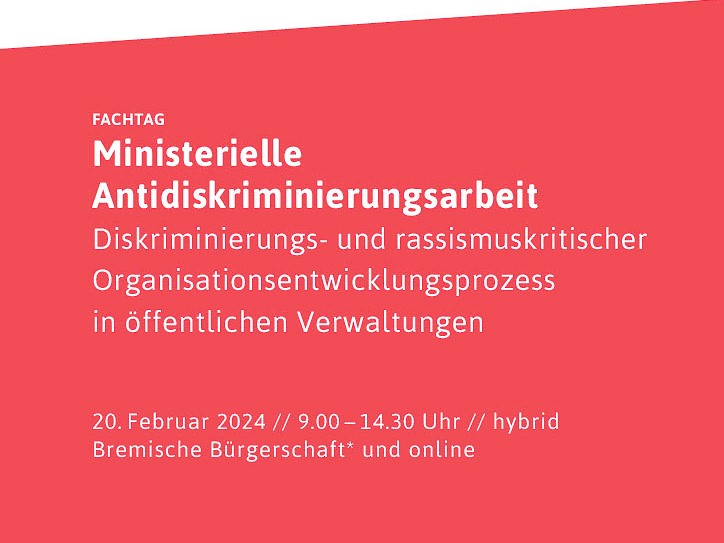 Titelbild mit der Aufschrift Fachtag Ministerielle Antidiskriminierungsarbeit am 20.Februar 2024
