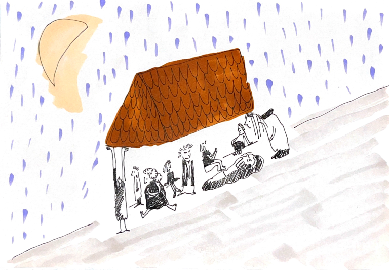 4:3 Gezeichnetes Dach, welches von Frauen über sich hochgehalten wird, um den Regen abzuwehren.