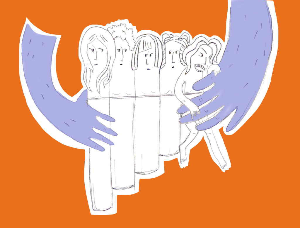 Illustration: Man sieht zwei blaue Hände, die mehrere Frauen wie eine Panflöte halten.