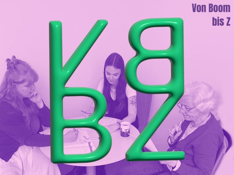 Der Hintergrund ist lila eingefärbt. Man sieht drei Frauen, die an einem Tisch sitzen. Im Vordergrund stehen in grün die Buchstaben V, B, B und Z.