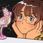 Zu sehen ist ein Mädchen mit Brille, das sich eine stereotypische Anime Figur anschaut. Diese hat ein rosanes Outfit an und leuchtet.