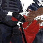 Illustration einer, von russischen Polizei-Beamten festgenommene Frau. Sie trägt eine auffälliges rotes Kleid und scheint sich zu wehren.