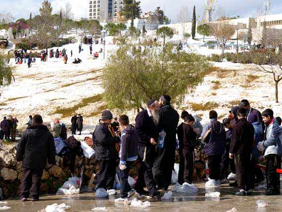 Orthodoxe im verschneiten Sacher-Park in Jerusalem