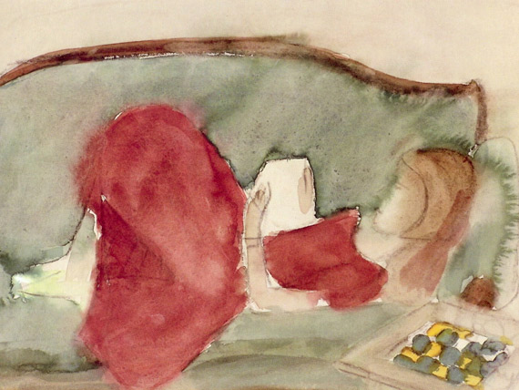 Aquarell von Gertraud Herzger von Harlessem, Mädchen liegt auf Sofa und liest
