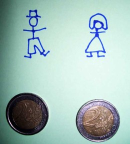 Strichzeichnung von Frau und Mann mit Münzen